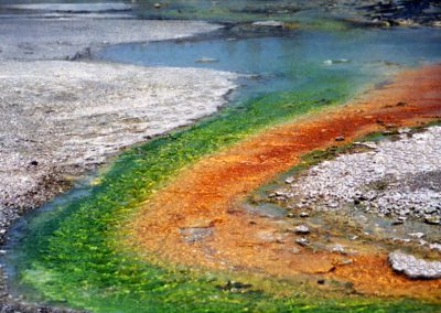 Hot springs with green and orange rings along shore